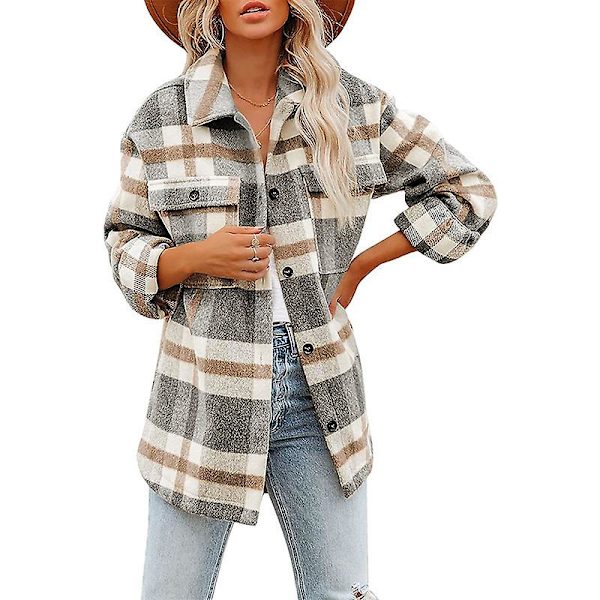 Dame Casual Plaid Langærmet Skjorte, Flannel Shacket Skjortejakker Grey L