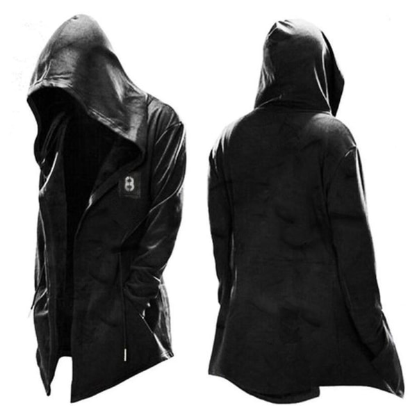 Trendy hætteklædt herre trenchcoat med Halloween-tema printet til cosplay kostumer fest M Black B