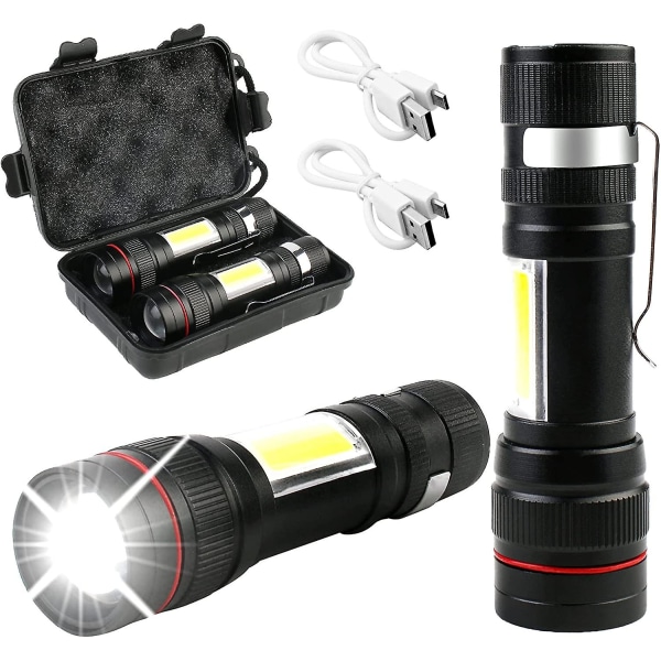 Superkraftig LED Lommelygte - 2 Pak T6 2000 Lumen Genopladelig Lommelygte, IPX5 Vandtæt Taktisk Lommelygte, 3 Tilstande USB Lommelygte Med Plastik Etui Til Camping