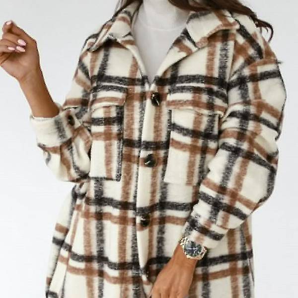 Casual Varm Letvægts Skjortejakke med Knapper og Tern til Kvinder, Langærmet, Regular Fit L Brown