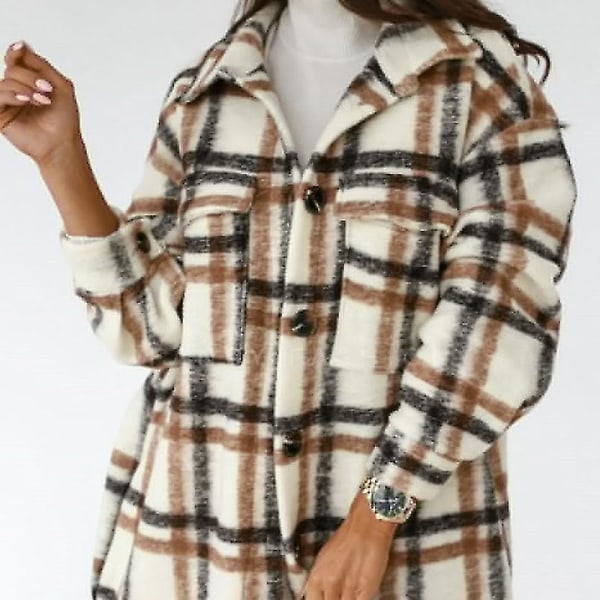 Uformell, varm, lett jakke for kvinner med knapper, rutemønster og lange ermer, normal passform 2XL Brown