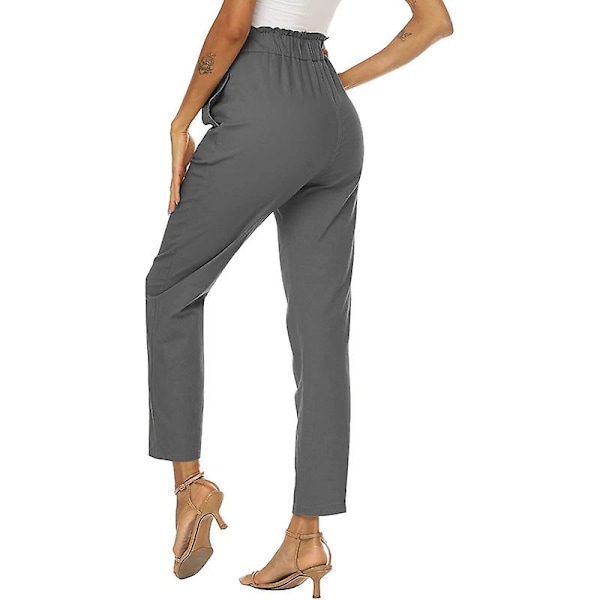 Kvinnor Volang Hög Midja Casual Byxor Elastisk Midja Byxor Grey L