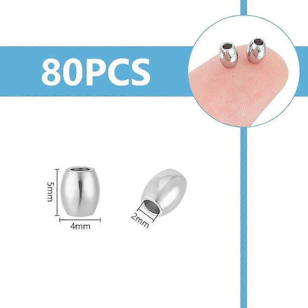 80 kpl ruostumattomasta teräksestä valmistettuja tynnyrihelmiä, ruostumattomasta teräksestä valmistettuja irtokappaleita, 2 mm pienireikäisiä pyöreitä helmiä, metallisia onttoja pallohelmiä, laskuvarjonaruhelmiä korujen valmistukseen