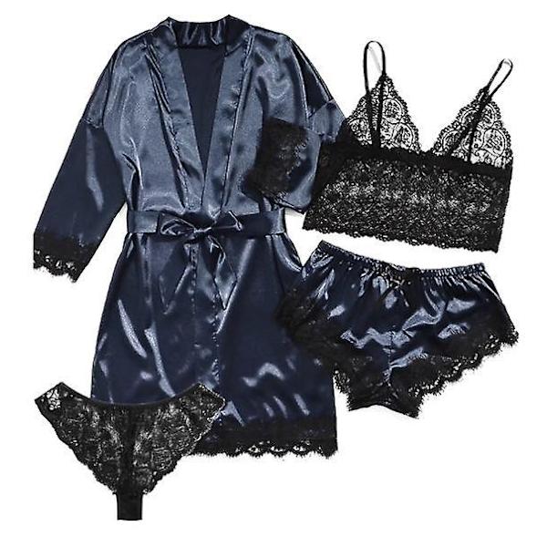 Naisten 4-osainen satiinipyjamasetti kylpytakilla Navy Blue M