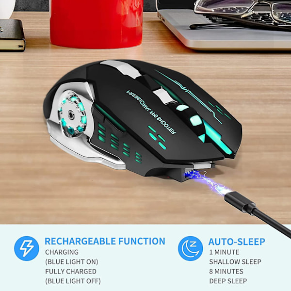 Trådløs Gaming Mus Bluetooth Mus RGB Oppladbar 2.4G USB Trådløs Datamus med 7 Farger Bakgrunnsbelysning, 6 Knapper & Stille Klikk for Laptop, iPad