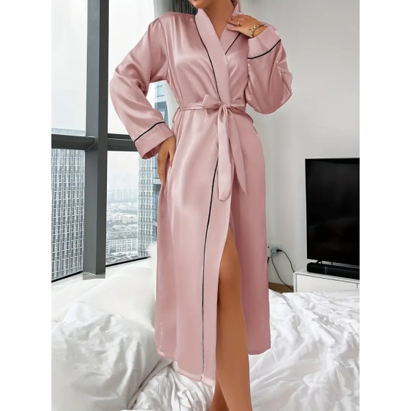 Solid nattrock i satäng, elegant långärmad v-halsrock med bälte, sovkläder för kvinnor Pink L