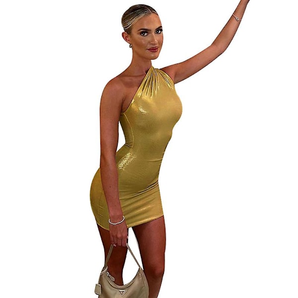 Kvinnors Sommarklänning Bodycon Klänning Ärmlös En Axels Wrap Klänning Gold M