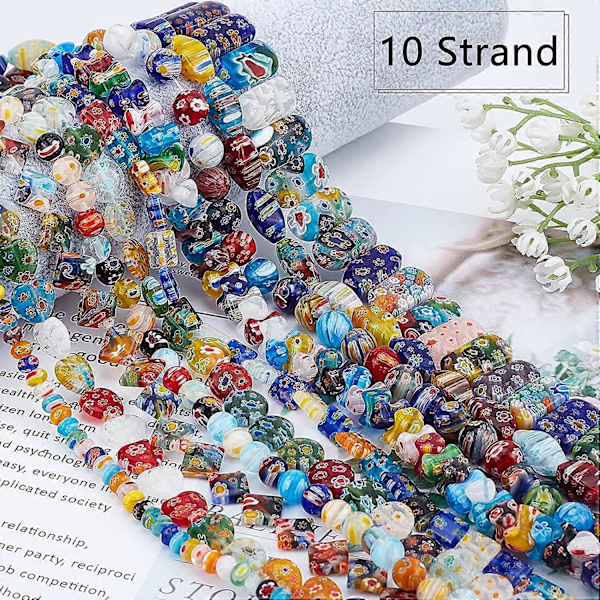 10 strenge assorterede lampwork perler Millefiori perler løse glas perler til smykkefremstilling - 15 tommer ~ 16 tommer