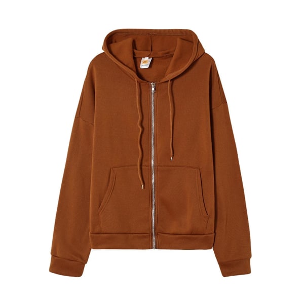 Front Zipper Hoodies Sweater Med Fickor Solid Färg Höst Casual Lös Outwear 2XL Coffee