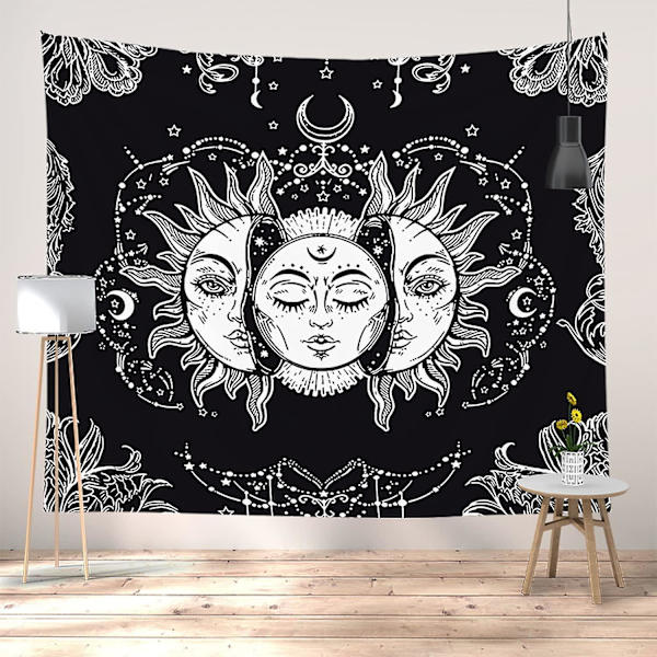 Måne og Sol Vægtæppe Naturlig Vægdekoration Soveværelsesindretning Boho Stil (sort og hvid, 150x200cm)