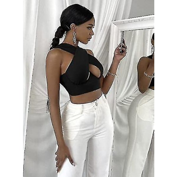 Dame Crisscross Vest Halter Wrap Crop Top Ensfarvede Cami Tanktoppe black XL