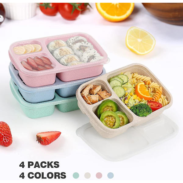 4-pack Bento Lunch Box - 3-fackslådor för matberedning - Lunchlåda för barn - Hållbara BPA-fria plastbehållare för återanvändbar matförvaring - Stapelbara, lämpliga