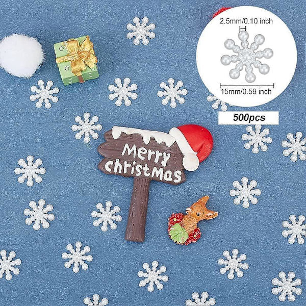 500 st Snöflinga Pärlor Cabochons 15mm Vita Snöflinga Platta Baktill Pärlor ABS Plast Imitation Pärlor Resin Hantverk Snöflinga Pärla för Scrapbooking