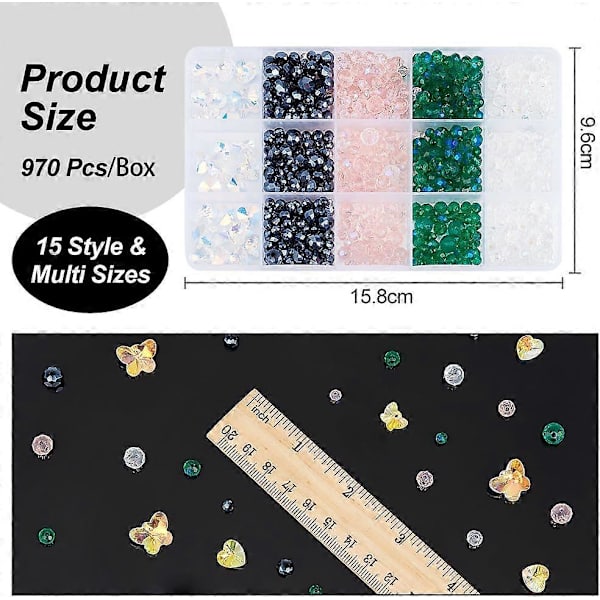 970 stk. 15 Stilarter Glasperler Smykkefremstillingssæt Krystal Facetterede Spacer Perler Glas Sommerfugl Perler Blandet Farve Hjerte Elektropletteret Vedhæng Charms til
