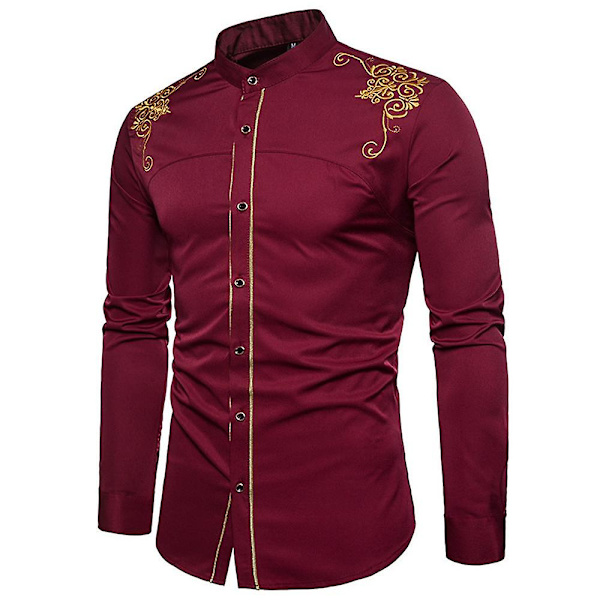 Herre Broderet Langærmet Slim Fit Button Down Casual Party Skjorte Red wine M