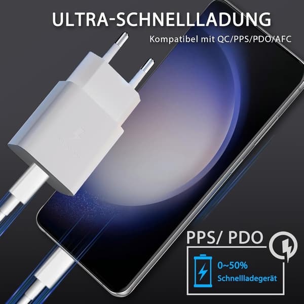 25 W Hurtiglader USB C, Strømforsyningslader, Ladeplugg USB C Hurtigladeradapter med 2 m Ladekabel hvit