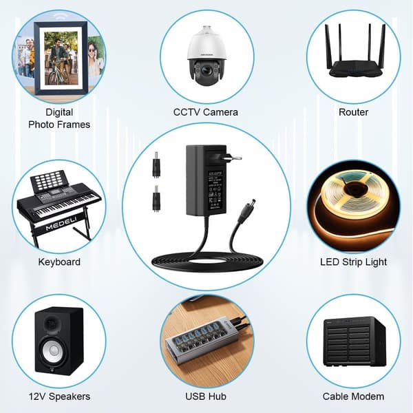 Universal strømforsyning, 12V 5A AC-adapter 60W, notebook-oplader, universal DC multifunktionel strømforsyning med LED-lys, velegnet til LED-lys