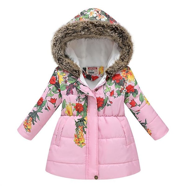 Flickans vinterkappa jacka med huva barn blomma tryck Parka ytterkläder Pink 110