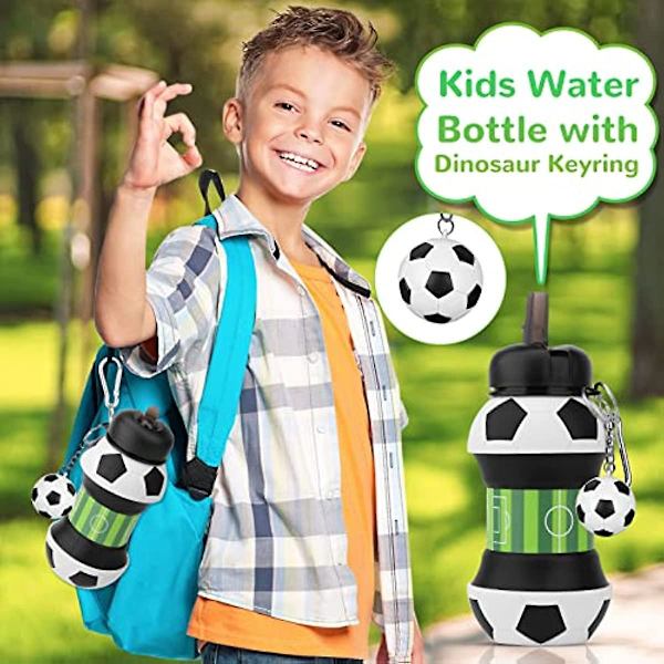 Fotballdinosaur Nøkkelring 550ml Sammenleggbare Vannflasker for Barn med Tut for Skole BPA-fri Lekkasjesikker Silikon Drikkeflaske for Jenter Gutter