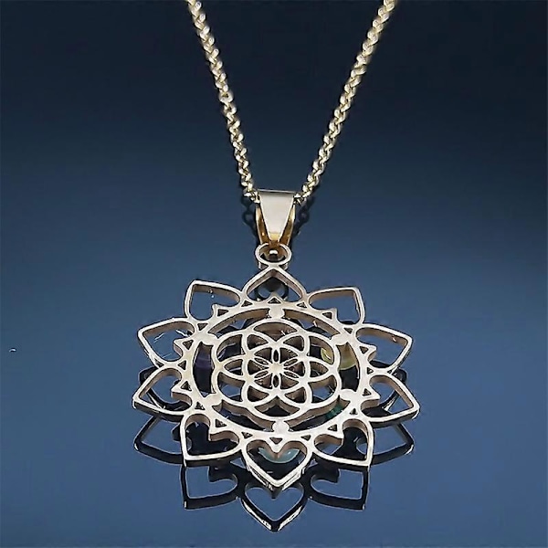 Helig Geometri 7 Chakra Metatron Hjärthalsband Livets Blomma Rostfritt Stål Opalsten Halsband Reiki Healing Smycken N1120S C 50CM O GD