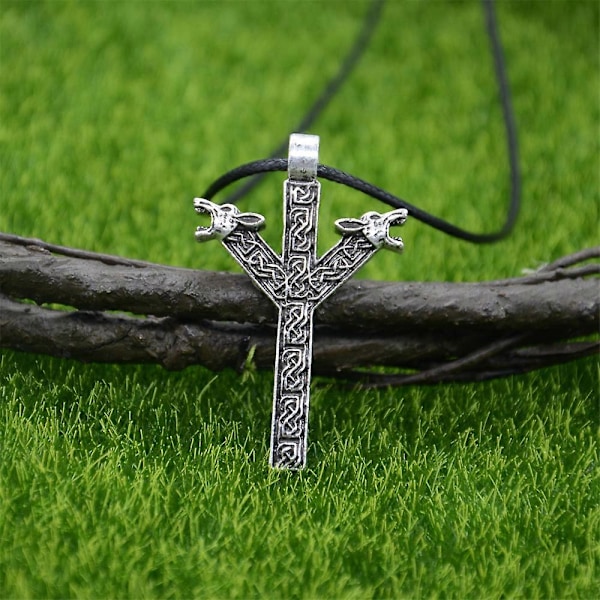 Nordiska Runor Algiz Skydd Amulett Varg Huvuden Talisman Viking Halsband Hänge Smycken Rope Chain Silver