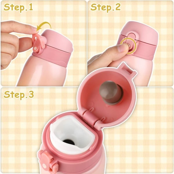 Vannflaske for barn med flip-topp, søt vannflaske, 330 ml rustfri stålflaske for jenter og gutter, lekkasjesikker (rosa-gul)