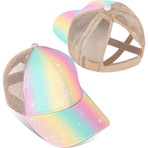 Cap med glitter för flickor Criss Cross-hatt, hatt med hög hästsvans för flickor - Truckerhatt för barn med hög bulle stökig hästsvans (åldrar 5-15)