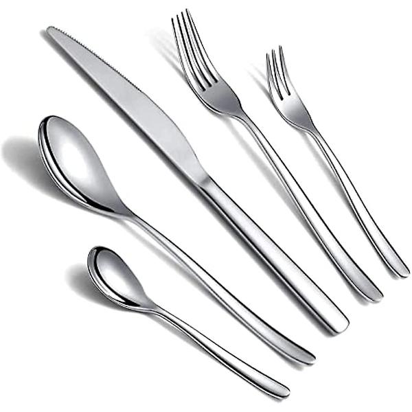1 Setissä 5 Osainen Ruokailuvälinesetti Sisältäen 2 Haarukkaa + 2 Lusikkaa + 1 Veitsen, Premium Uudelleenkäytettävä Ruokailuvälinesetti Täydellinen Matkustamiseen, Retkeilyyn ja Kotiin Silver