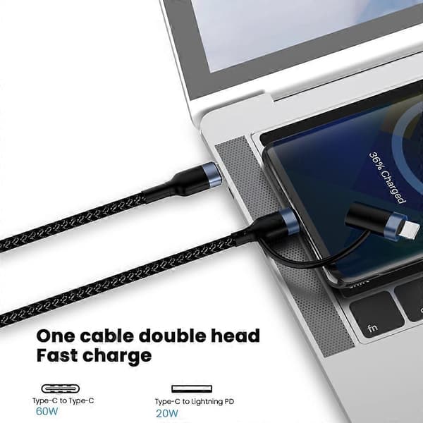 2-i-1 1m 60W PD USB-C till Type-C Lightning Snabbladdningskabel