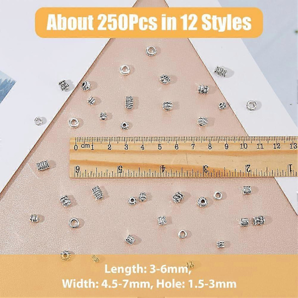 250 stk. Spacerperler i legering, 12 stilarter, antikke sølvperler, tibetanske perler, løse spacerperler i bulk, små metalperler til armbånd, halskæde, smykkefremstilling