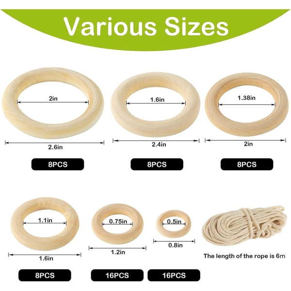 64 st naturliga träringar i 6 storlekar, släta oavslutade träringar i trä för gör-det-själv-hantverk, ringhänge och kontakter för smyckestillverkning