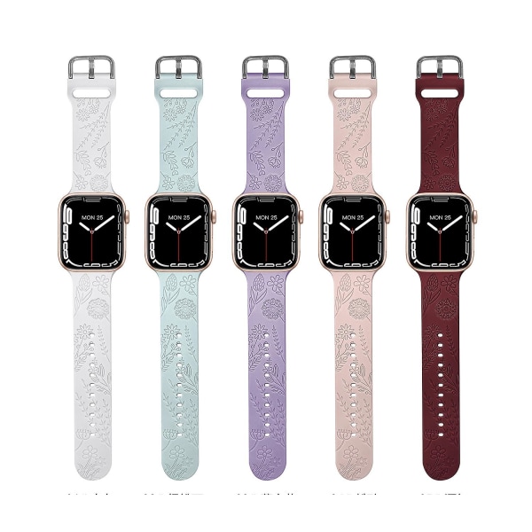 1 Pakk Blomst Gravert Sportrem Kompatibel Med Apple Watch Bånd 38mm 40mm 41mm, Kvinner Blomster Laser Myk Silikon Armbånd Utskifting Iwatch white 42mm 44mm 45mm