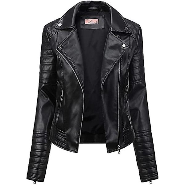 Damjacka i konstläder, hel dragkedja motorcykeljackor slim fit kappa Black L