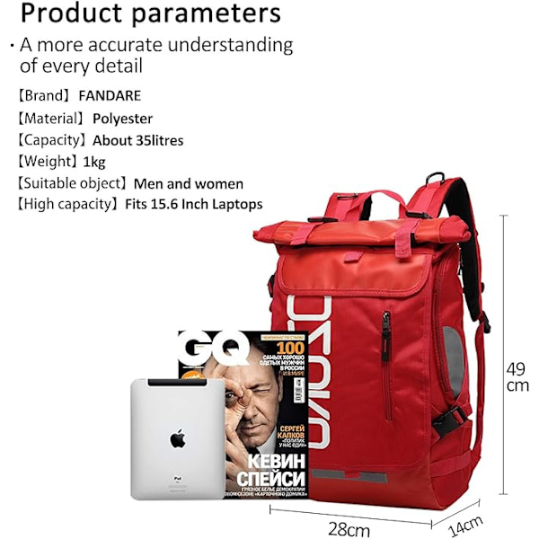 Ryggsekk for bærbar datamaskin 15,6 tommer bærbar PC, fjellklatring, dagstursekk, skolesekk, herre, dame, polyester rød