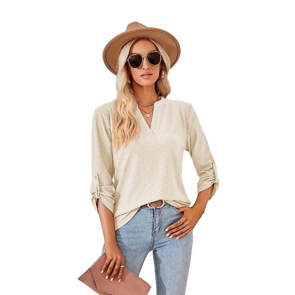 Dame V-hals Kortermet T-skjorte Casual Løse Skjorter Topper Beige L