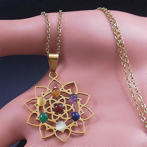 Helig Geometri 7 Chakra Metatron Hjärthalsband Livets Blomma Rostfritt Stål Opalsten Halsband Reiki Healing Smycken N1120S C 50CM O GD