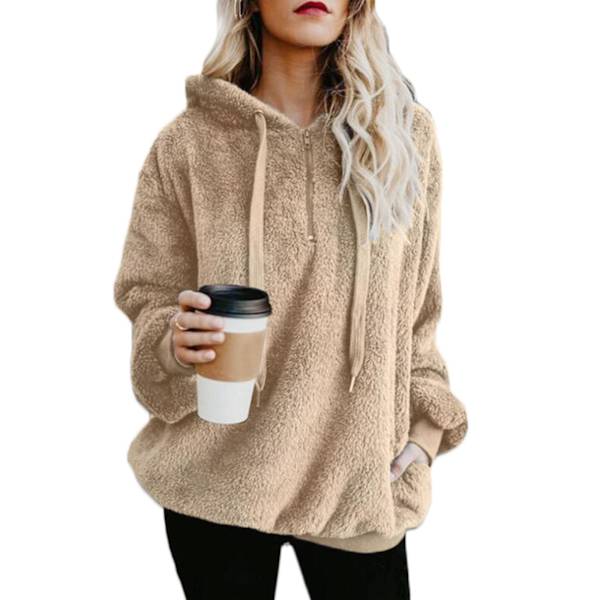 Mjuk och fluffig sweatshirt för kvinnor, höst och vinter, varm dragkedja upp huvtröja pullover med 3XL Apricot