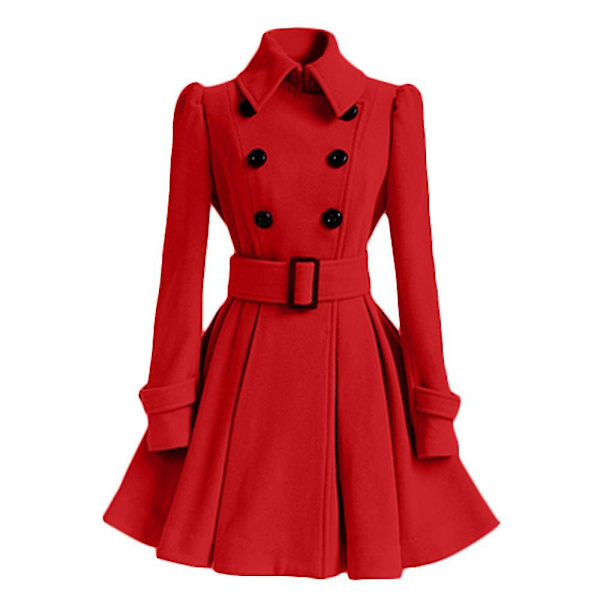 Dam vinterrockar dubbelknäppt elegant vintage mode filt trenchcoat L Red
