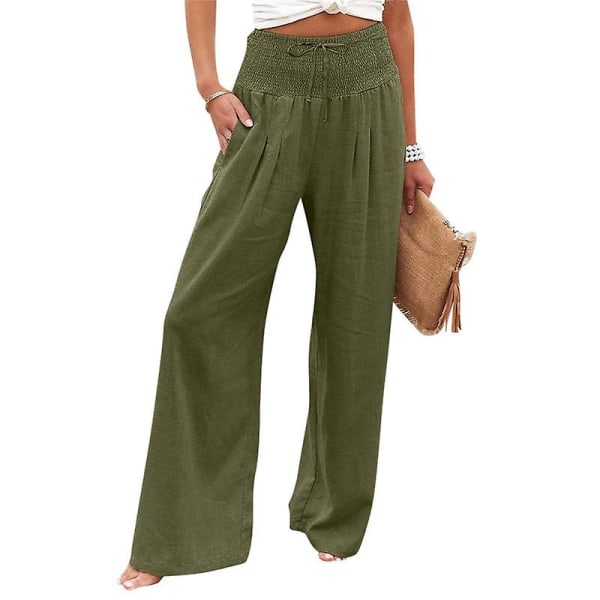 Dame Linned Boho Bred Ben Høj Talje Afslappede Bukser Green XL