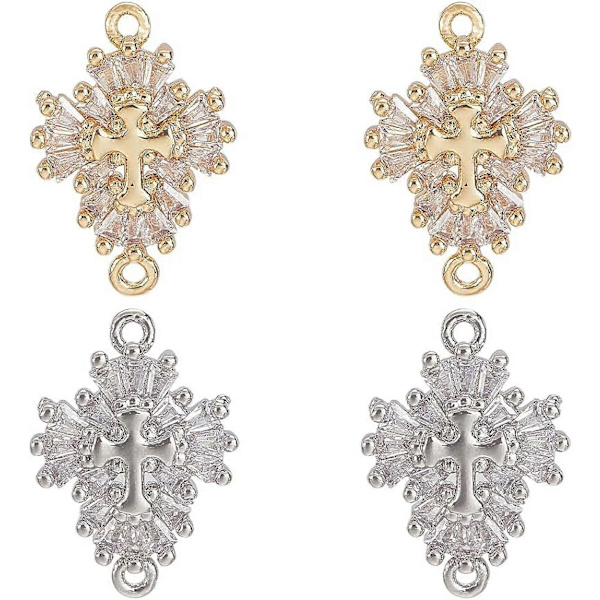 4 st Cubic Zirconia Korslänkar 2 Färger Kors Korsfästelse Koppling Charm Rhinestone Kristall Hängsmycken med Två Öglor
