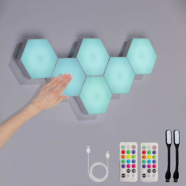 Sekskantlys med fjernkontroll, smarte DIY sekskantede vegglamper, doble kontroll hexagonale LED-lys veggpaneler med USB-strøm