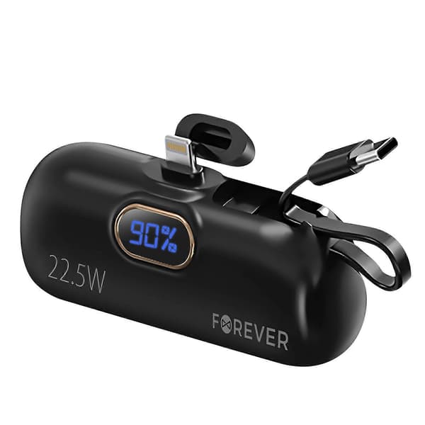 Eksternt batteri 5000mAh Lightning-stik + integreret USB C-kabel, Sort
