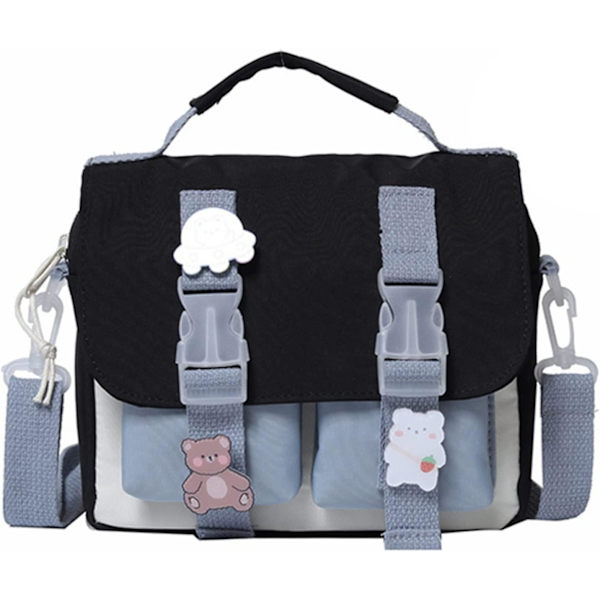 Kawaii Skuldertaske med Søde Pins Kawaii Tote Taske til Piger Skole Crossbody Rygsæk Casual Mode (Sort)