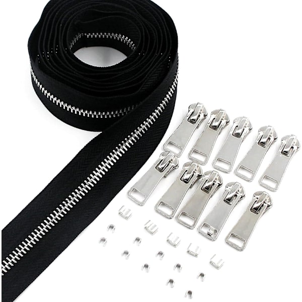 #5 Metal Lynlåse Metervare Bulk 2 Yards Sort Bånd Med 10 Stk. Slidere Sølv Tænder Håndlavet Lynlås Til Syning Håndværk Taske Rygsæk, Punge, Tegnebøger