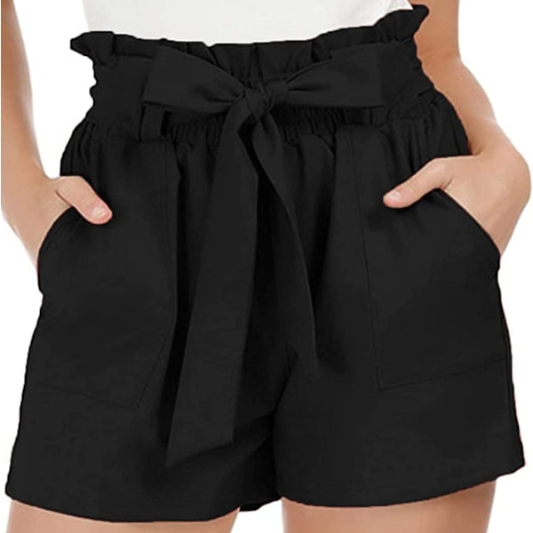 Afslappede Paper Bag Shorts til Kvinder Elastisk Talje Flæsekant Shorts med Lomme Sløjfe Løse Højtaljede Sommer Shorts (sort, large)