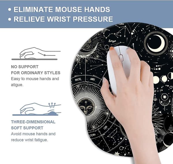 Måne Sol Musematte med Håndleddsstøtte, Søt Egendefinert Gaming Laget Sklisikker Gummibase Musematte, Ergonomisk Musehåndleddsstøtte
