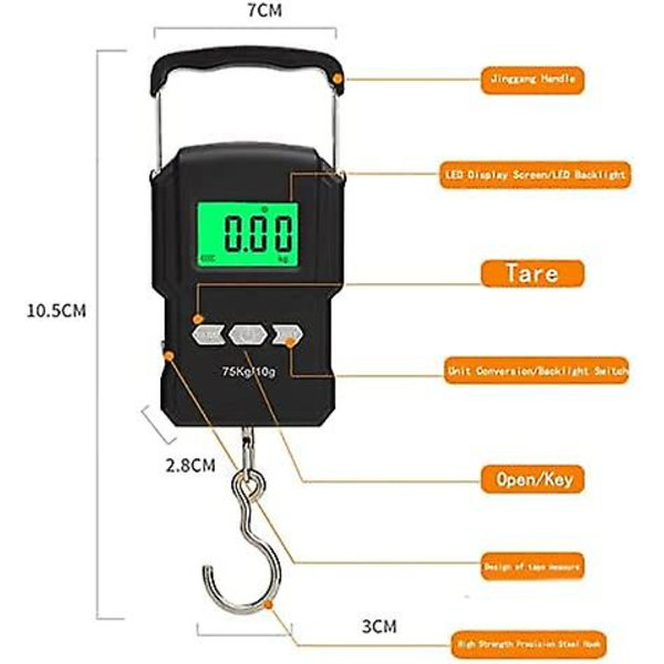 LCD Elektroninen Digitaalinen Vaaka 75kg 10g Ripustettava Matkalaukkuvaaka Kalastusvaaka Mittanauhalla (väri: Musta)