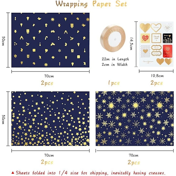 Blått Guld Omslagspapper Set, 6 Ark Blått Guld Omslagspapper 2 Ark Stickers 1 Rulle Guld Band För Jul Födelsedag Baby Shower Bröllop