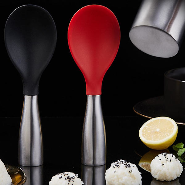 Stående rissked med rostfritt stål och silikon, ej rostande risskopa, non-stick risspatel red