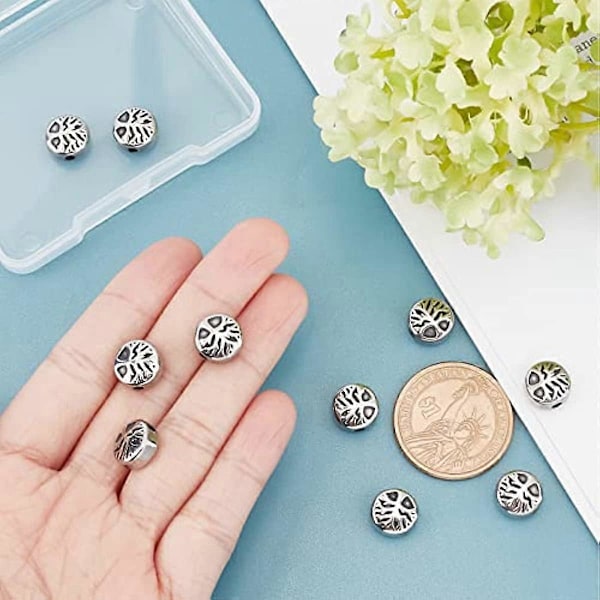 10 st 10mm Platta Runda med Livets Träd Pärlor 304 Rostfritt Stål Runda Pärlor Metall Distans Pärlor för Smyckestillverkning Hål:2mm